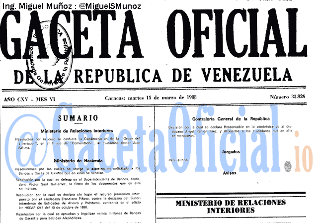 Gaceta Oficial 33926 del 15 Marzo 1988