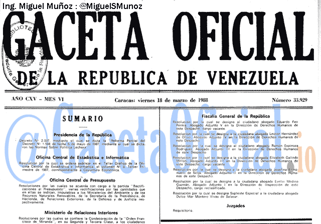Gaceta Oficial 33929 del 18 Marzo 1988