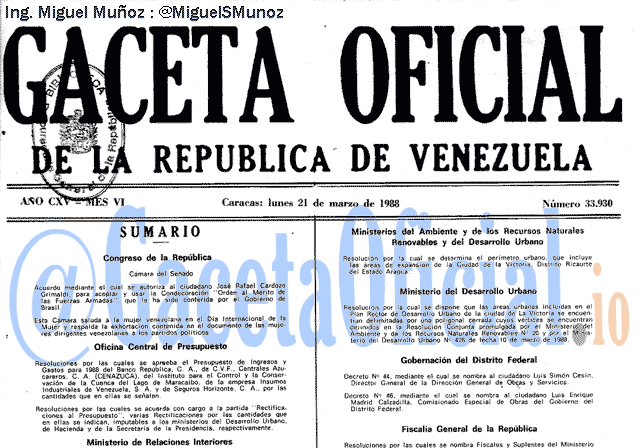 Gaceta Oficial 33930 del 21 Marzo 1988
