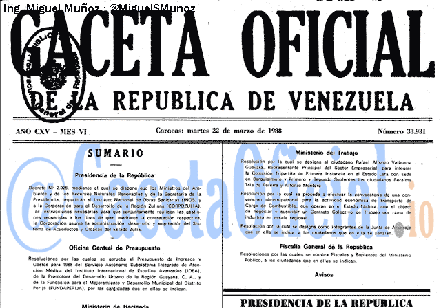 Gaceta Oficial 33931 del 22 Marzo 1988
