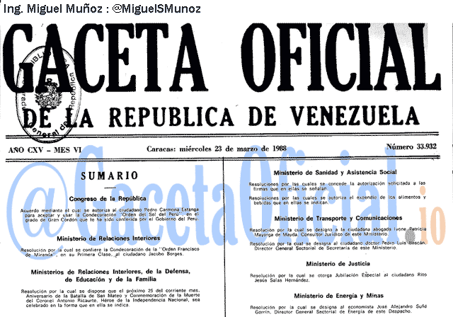 Gaceta Oficial 33932 del 23 Marzo 1988