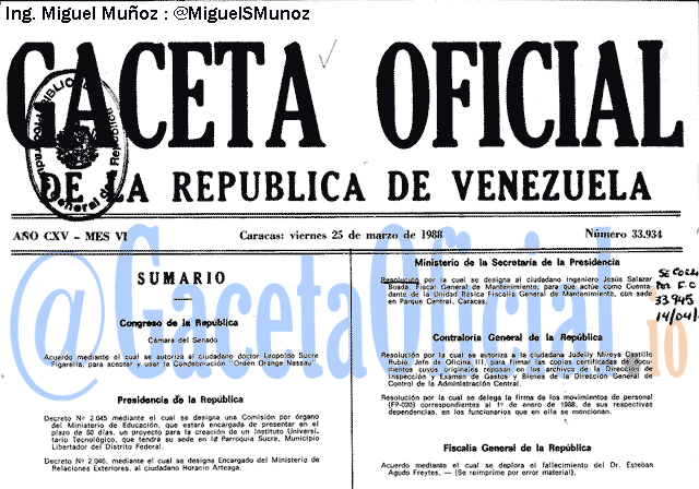 Gaceta Oficial 33934 del 25 Marzo 1988