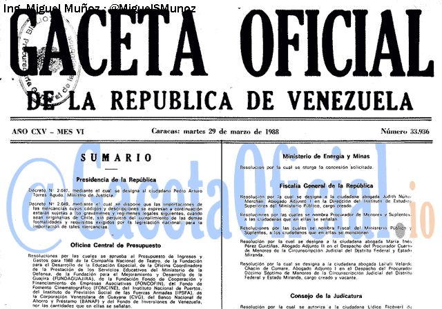 Gaceta Oficial 33936 del 29 Marzo 1988