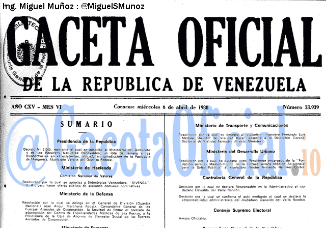 Gaceta Oficial 33939 del 6 Abril 1988