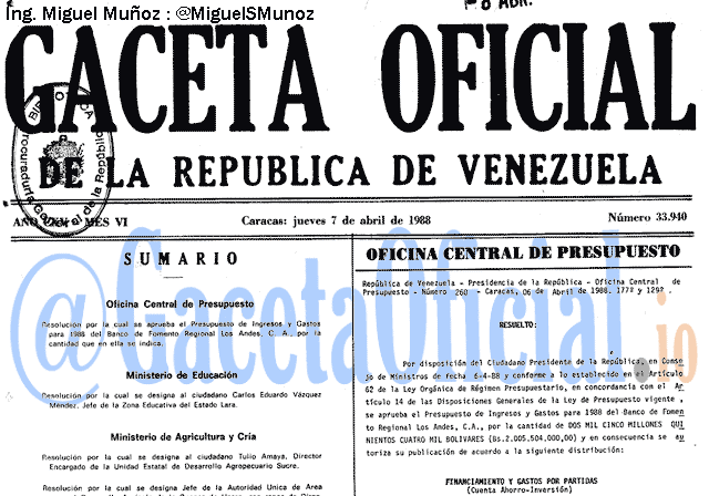 Gaceta Oficial 33940 del 7 Abril 1988