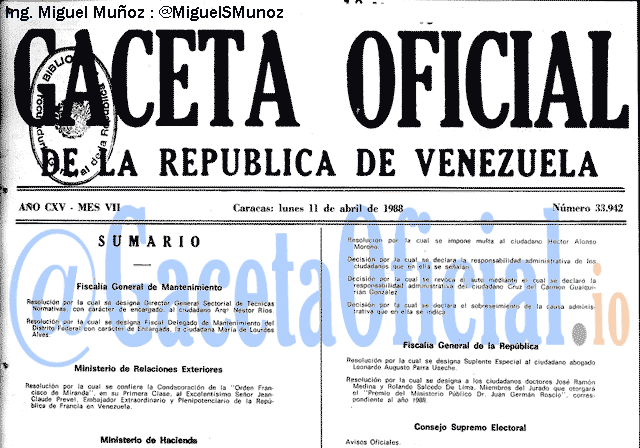 Gaceta Oficial 33942 del 11 Abril 1988