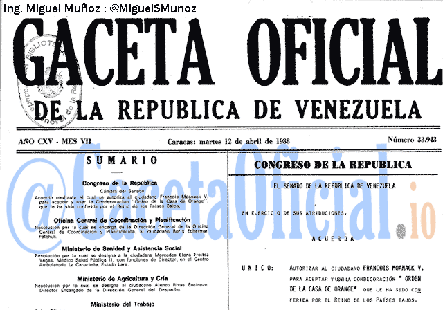 Gaceta Oficial 33943 del 12 Abril 1988