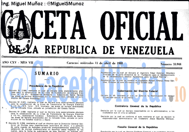Gaceta Oficial 33944 del 13 Abril 1988