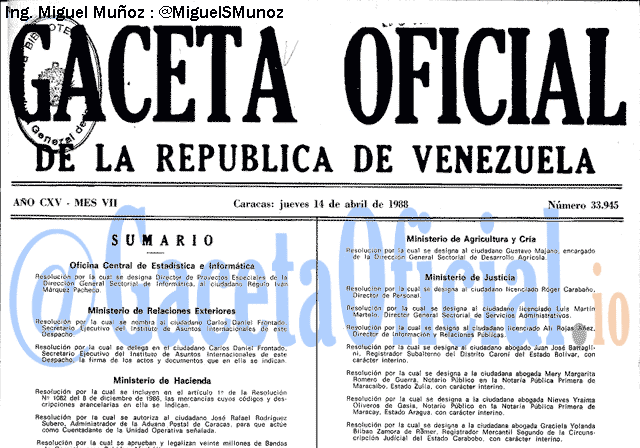 Gaceta Oficial 33945 del 14 Abril 1988