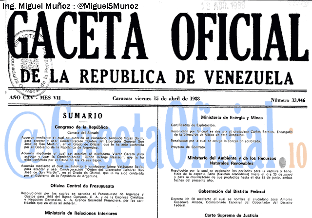 Gaceta Oficial 33946 del 15 Abril 1988