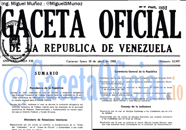 Gaceta Oficial 33947 del 18 Abril 1988