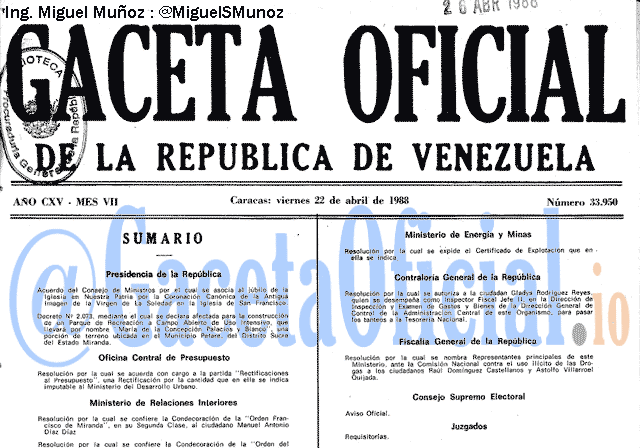 Gaceta Oficial 33950 del 22 Abril 1988