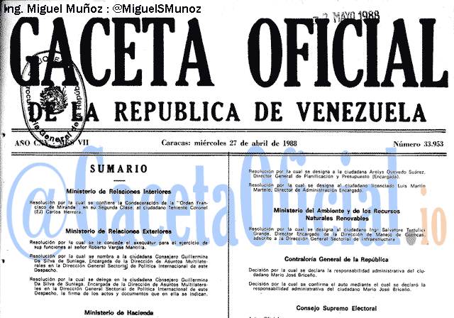 Gaceta Oficial 33953 del 27 Abril 1988