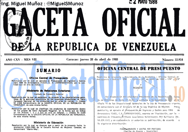 Gaceta Oficial 33954 del 28 Abril 1988