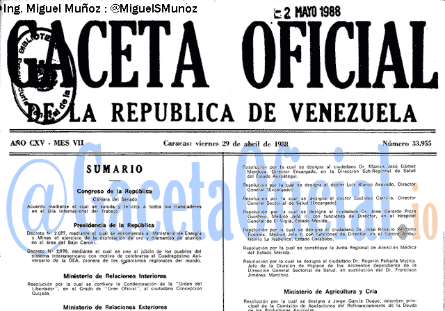 Gaceta Oficial 33955 del 29 Abril 1988