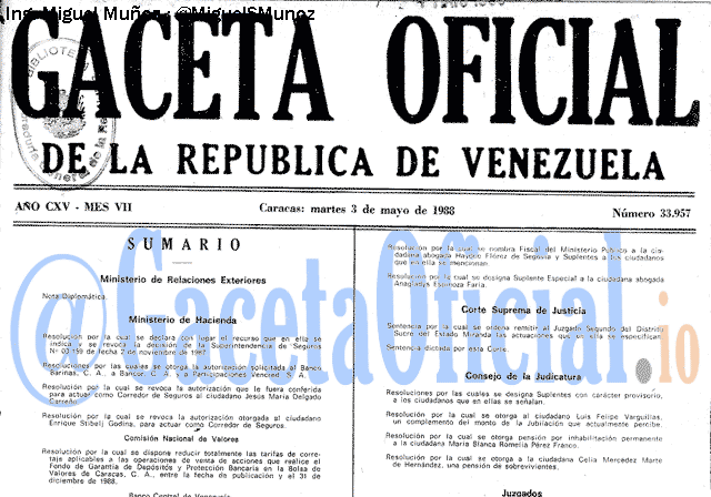 Gaceta Oficial 33957 del 3 Mayo 1988