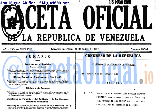 Gaceta Oficial 33963 del 11 Mayo 1988