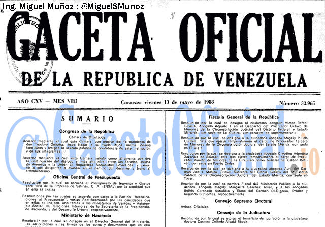Gaceta Oficial 33965 del 13 Mayo 1988
