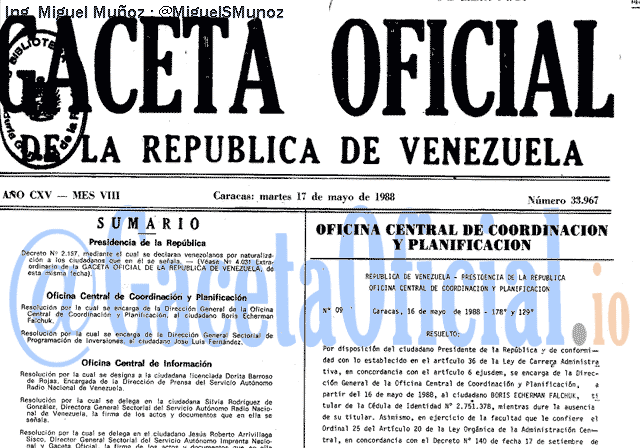 Gaceta Oficial 33967 del 17 Mayo 1988