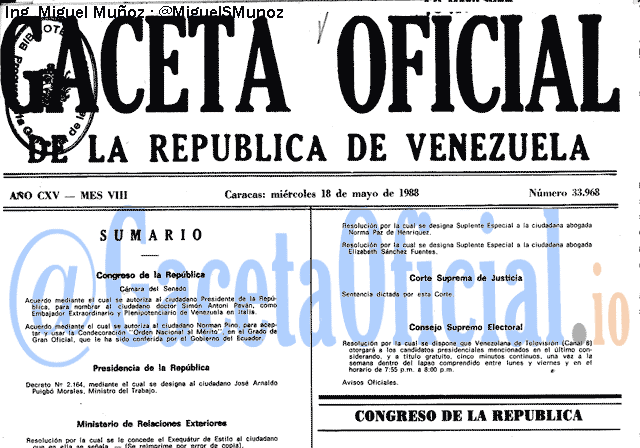 Gaceta Oficial 33968 del 18 Mayo 1988