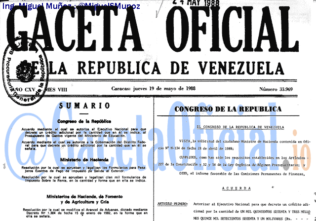 Gaceta Oficial 33969 del 19 Mayo 1988