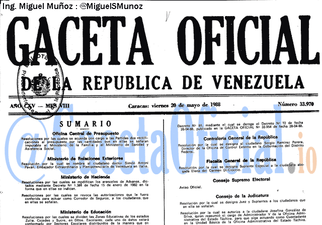 Gaceta Oficial 33970 del 20 Mayo 1988