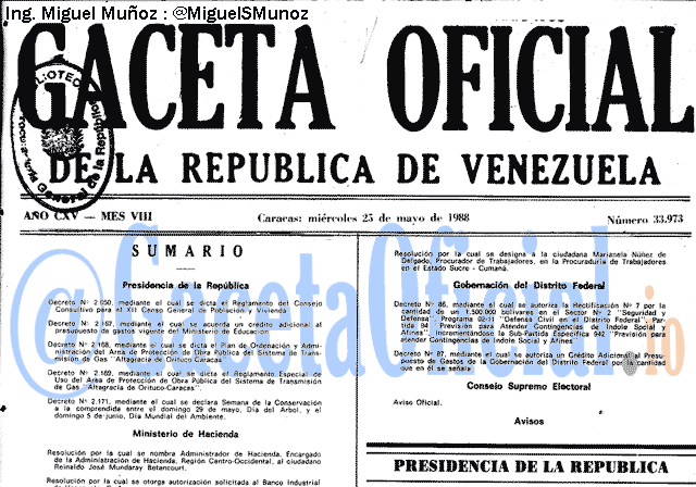 Gaceta Oficial 33973 del 25 Mayo 1988