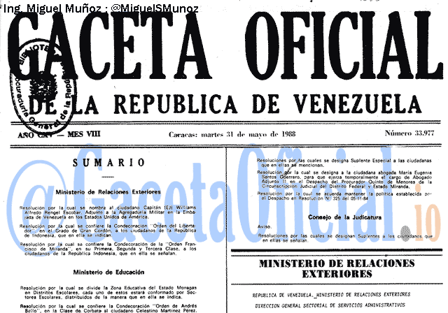 Gaceta Oficial 33977 del 31 Mayo 1988