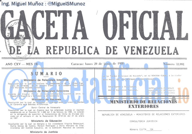 Gaceta Oficial 33991 del 20 Junio 1988