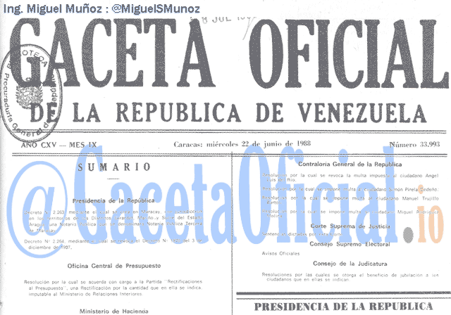 Gaceta Oficial 33993 del 22 Junio 1988