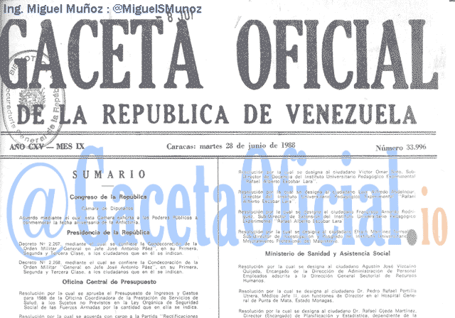 Gaceta Oficial 33996 del 28 Junio 1988