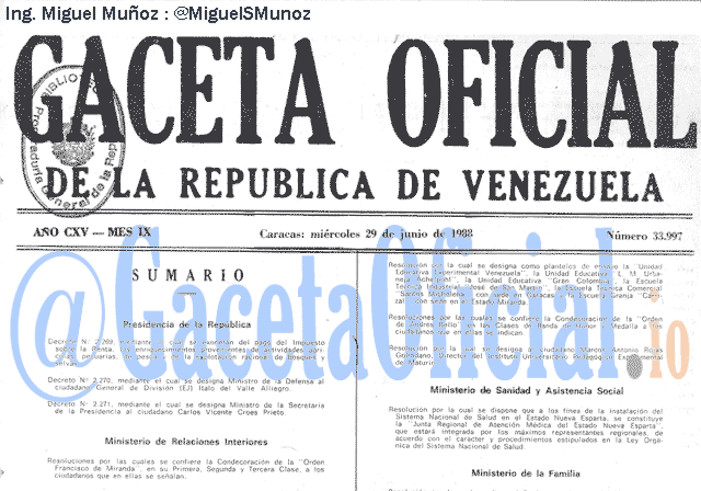 Gaceta Oficial 33997 del 29 Junio 1988