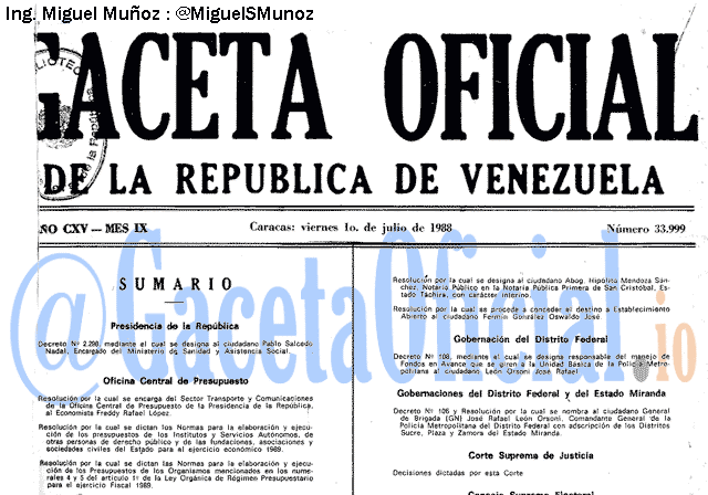 Gaceta Oficial 33999 del 1 Julio 1988