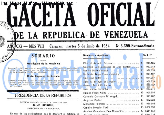 Gaceta Oficial 3399 del 5 Junio 1984