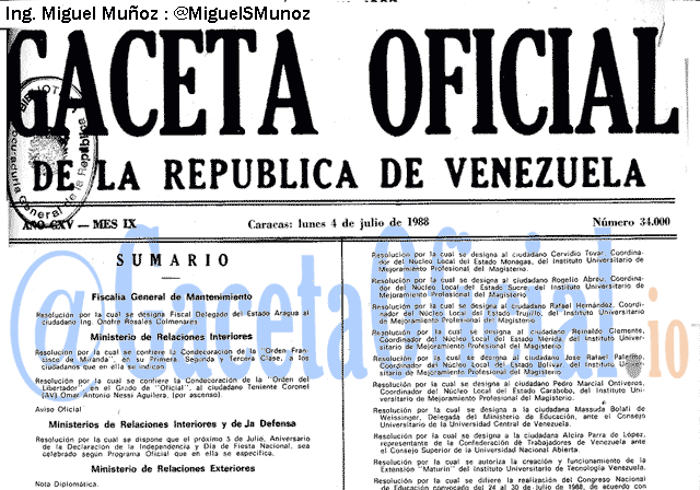 Gaceta Oficial 34000 del 4 Julio 1988