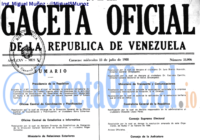 Gaceta Oficial 34006 del 13 Julio 1988