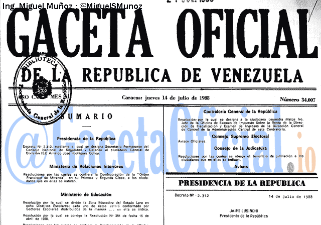 Gaceta Oficial 34007 del 14 Julio 1988