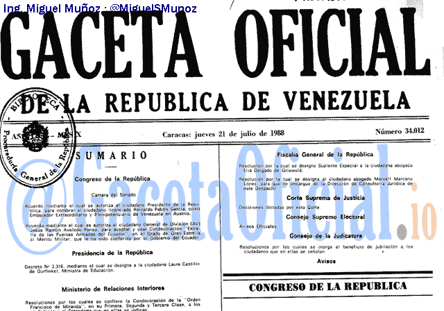Gaceta Oficial 34012 del 21 Julio 1988