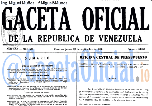 Gaceta Oficial 34057 del 22 Septiembre 1988