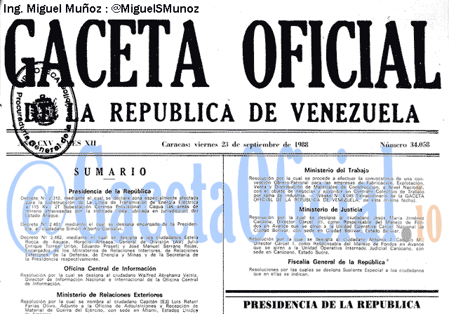 Gaceta Oficial 34058 del 23 Septiembre 1988