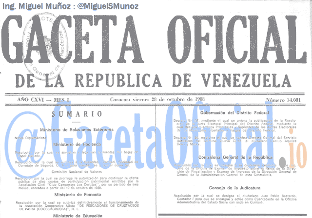 Gaceta Oficial 34081 del 28 Octubre 1988