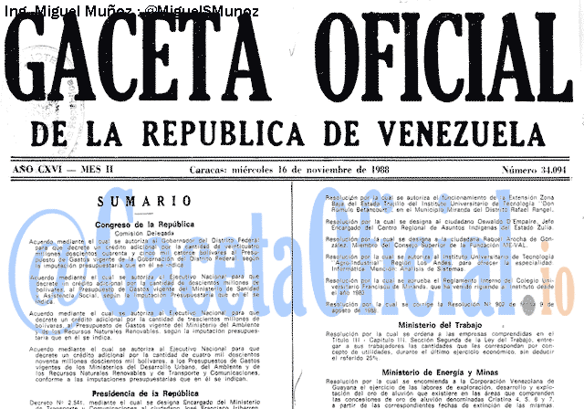 Gaceta Oficial 34094 del 16 Noviembre 1988