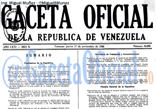 Gaceta Oficial 34095 del 17 Noviembre 1988