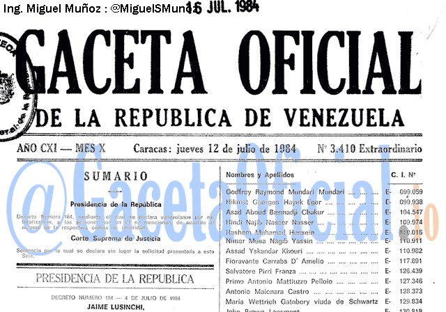 Gaceta Oficial 3410 del 12 Julio 1984