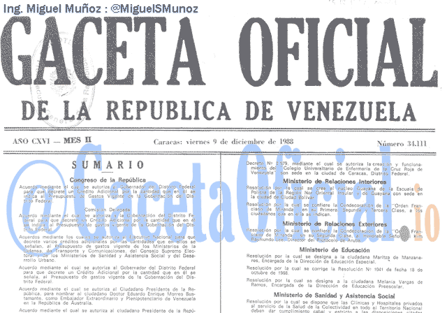 Gaceta Oficial 34111 del 9 Diciembre 1988