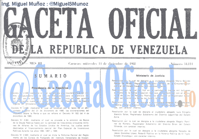 Gaceta Oficial 34114 del 14 Diciembre 1988