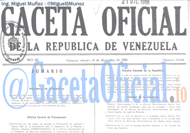Gaceta Oficial 34116 del 16 Diciembre 1988