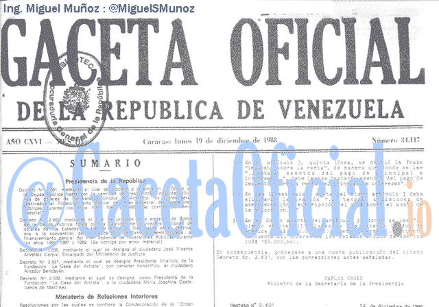 Gaceta Oficial 34117 del 19 Diciembre 1988