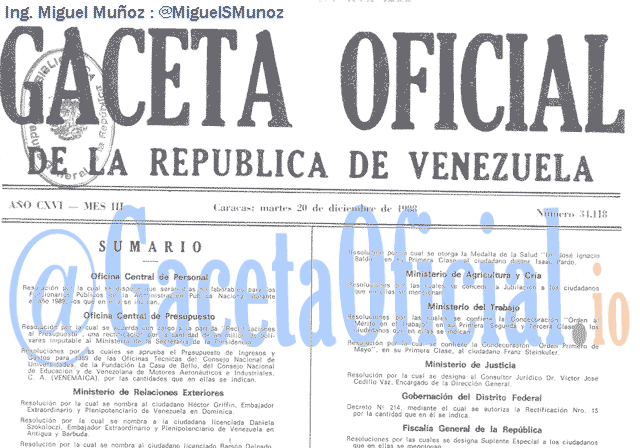 Gaceta Oficial 34118 del 20 Diciembre 1988