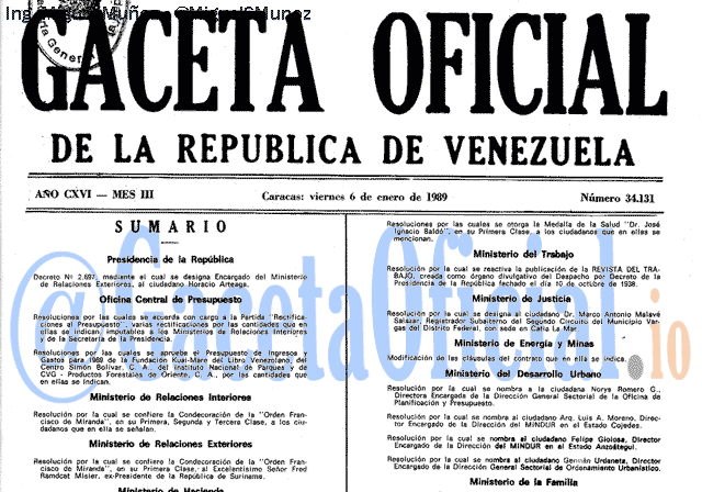 Gaceta Oficial 34131 del 6 Enero 1989